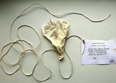 Kortelėje – vokiečių kalba užrašytas linkėjimas jaunavedžiams. Aidos Garastaitės nuotr.